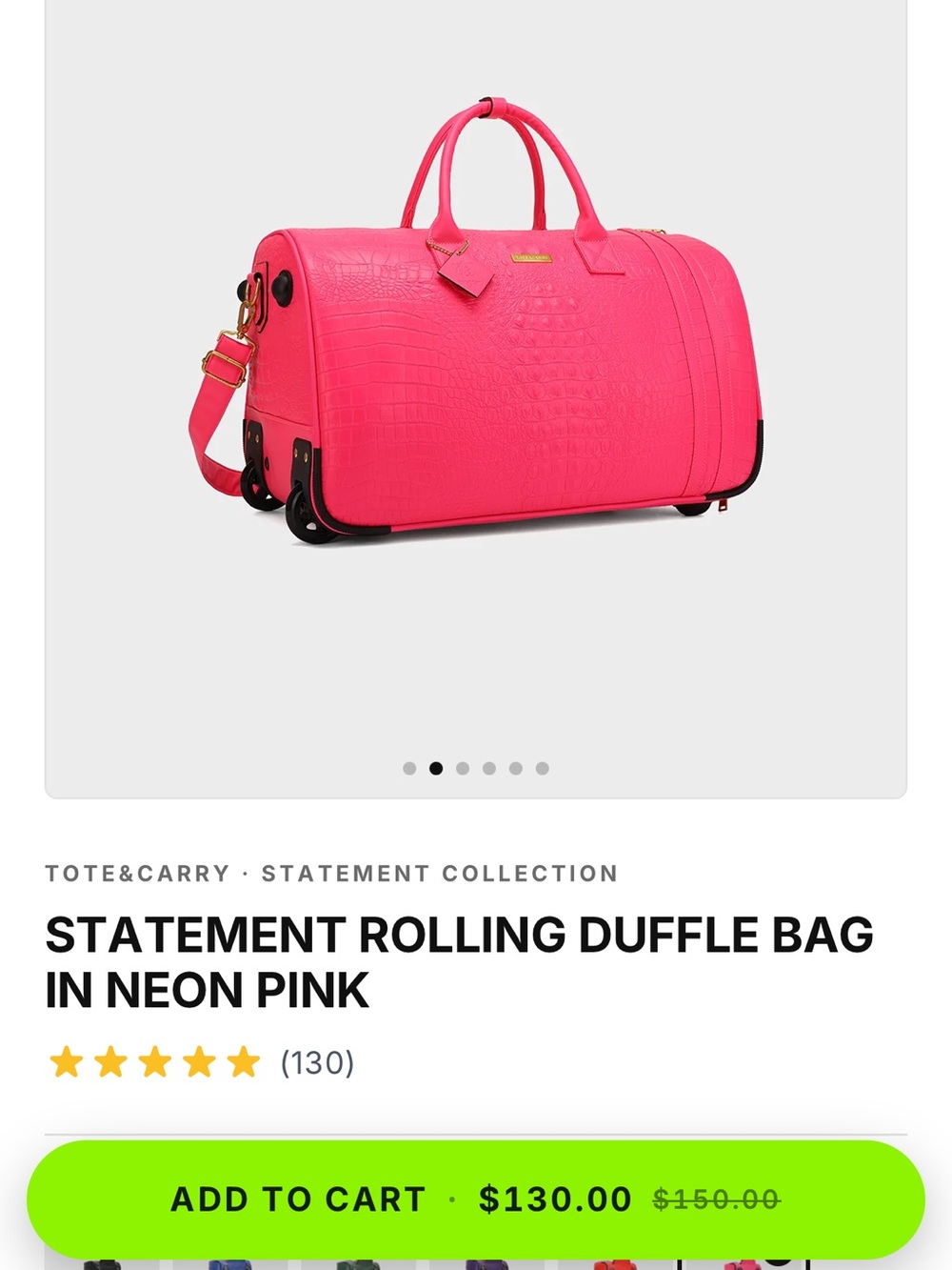 NWT Tote&Carry Statement Collection Rolling Duffle Bag In Neon Pink